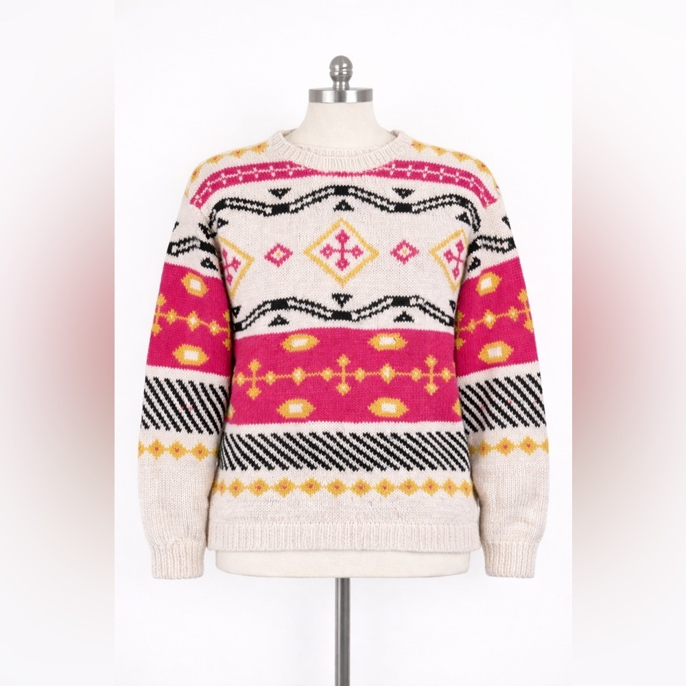 Vintage Forenza Sweater M Pink Geometric Knit 90s Chunky Ramie Cotton